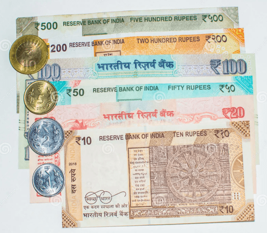 Indian currency notes and coins